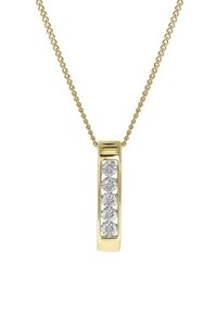 Gouden ketting met een rechthoekige hanger waarin vijf ingelegde heldere edelstenen zijn verwerkt, met een gepolijste oppervlakte en slank ontwerp.