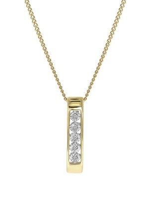 Gouden ketting met een rechthoekige hanger waarin vijf ingelegde heldere edelstenen zijn verwerkt, met een gepolijste oppervlakte en slank ontwerp.