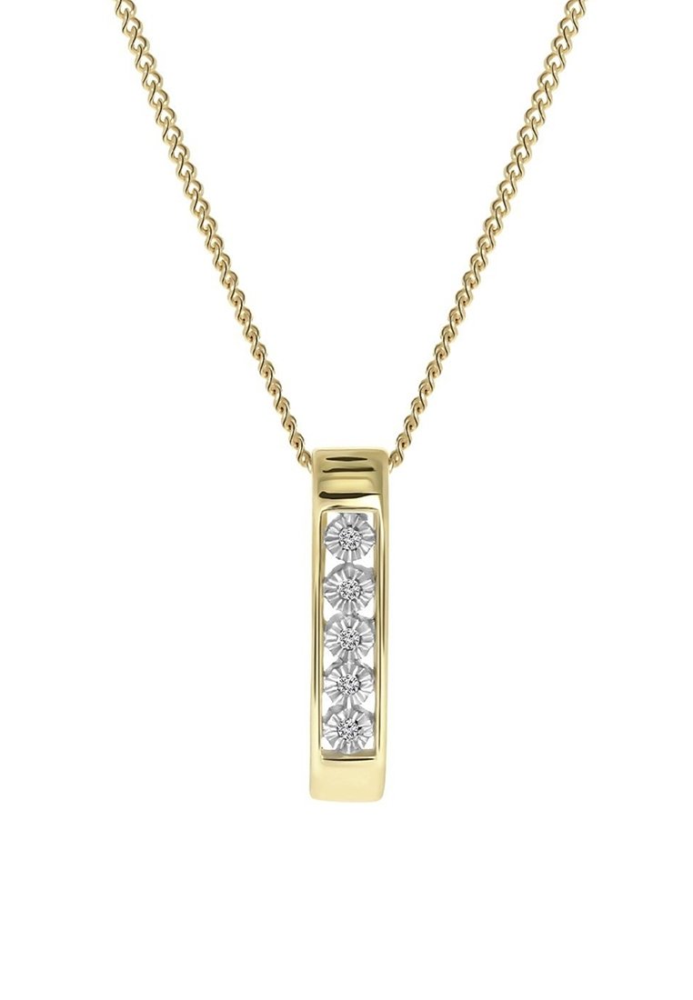 Gouden ketting met een rechthoekige hanger waarin vijf ingelegde heldere edelstenen zijn verwerkt, met een gepolijste oppervlakte en slank ontwerp.