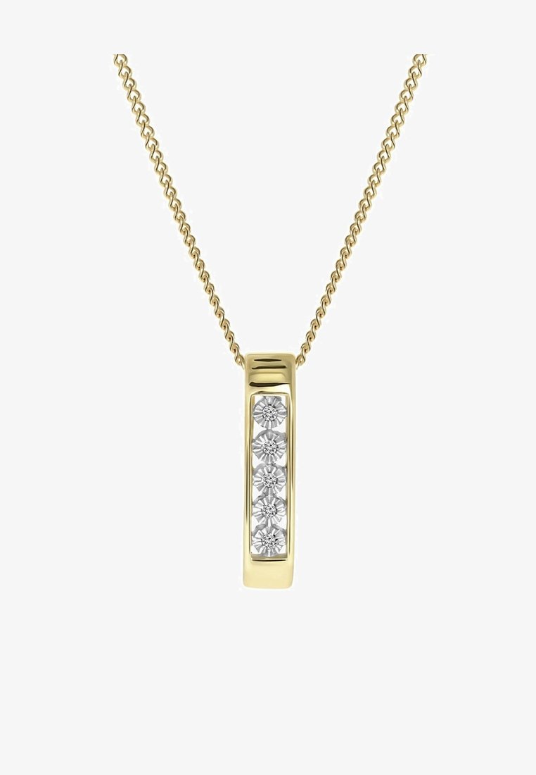 Gouden ketting met een rechthoekige hanger waarin vijf ingelegde heldere edelstenen zijn verwerkt, met een gepolijste oppervlakte en slank ontwerp.