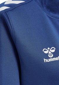 Blauwe sport sweatshirt van gladde stof. Kenmerkend zijn het witte logo en de accentstrepen op de mouwen. Close-up weergave toont de stikdetails.
