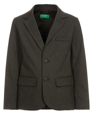 Ciemnoszara marynarka z teksturowanej tkaniny, z klapą z wycięciem, dwoma przednimi kieszeniami i dwoma guzikami. Podszewka wewnętrzna jest czarna.