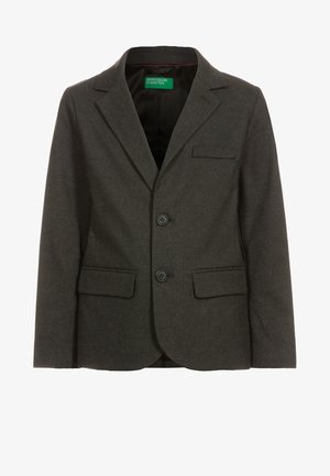 Dark gray blazer made of textured fabric, featuring a notch lapel, two front pockets, and two buttons. Interior lining is black.