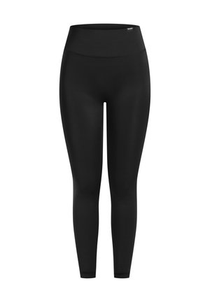 Sorte leggings med høj talje, lavet af glat, strækbart stof, uden synlige mønstre eller hardware-detaljer.