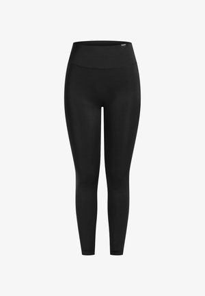 Sorte leggings med høj talje, lavet af glat, strækbart stof, uden synlige mønstre eller hardware-detaljer.