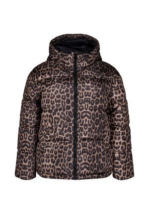 Pälsjacka i leopardmönster med huva, med svart dragkedja, elastiska manschetter och en quiltad textur. Färgskala i brunt och beige.