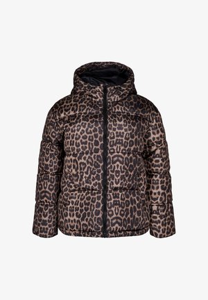 Leopard print puffer jacket with a hood, featuring a black zipper, elastic cuffs, and a quilted texture. Brown and tan color scheme.