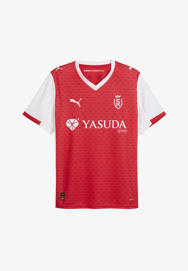 Röd och vit kortärmad fotbollsdräkt med Puma-logotyp, sponsor "YASUDA group" och Reims lagmärke med krona på bröstet.