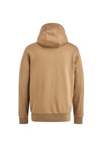 Brown hoodie featuring a soft texture, a large hood, and ribbed cuffs and hem. Simple design with no visible patterns or hardware details.