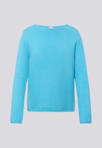 Hellblauer, gestrickter Pullover mit langen Ärmeln, runder Halslinie und strukturiertem Rippenmuster.