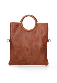 Borsa tote in pelle marrone con manico circolare, forma rettangolare piatta e superficie testurizzata. Presenta hardware argentato sui lati.