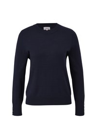 Pull bleu marine en tissu tricoté doux. Présente un col rond, des manches longues et des accents de boutons aux poignets.