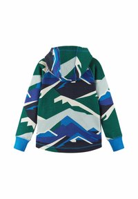 Hoodie z miękkiego materiału z wielokolorowym wzorem górskim. Kolory to zieleń, niebieski, granatowy i kremowy z niebieskimi mankietami.