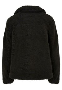 Sort fleecetrøje med en struktureret, blød overflade, der har lange ærmer, en krave og en afslappet pasform uden synlige lukninger.