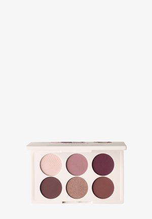Palette de fards à paupières compacte avec six teintes : deux roses clairs, trois violets et un bronze scintillant, le tout dans un étui blanc.