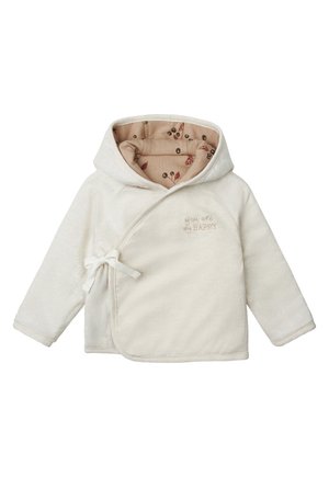 Soft cream-colored baby jacket with hood, side tie closure, floral inner lining, and "you are my HAPPY" embroidered on chest.