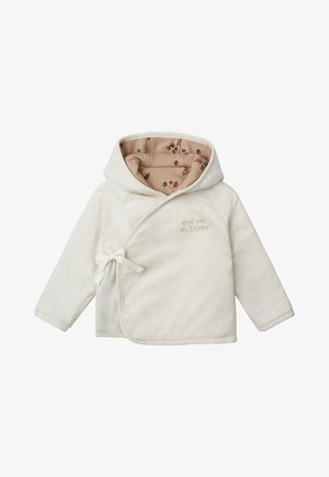 Miękka kremowa kurtka dla niemowląt z kapturem, zapięcie na bok, kwiatowa podszewka i haft "you are my HAPPY" na piersi.