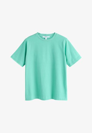 Mint green short-sleeve crew neck T-shirt made of smooth cotton fabric, displayed flat against a white background.