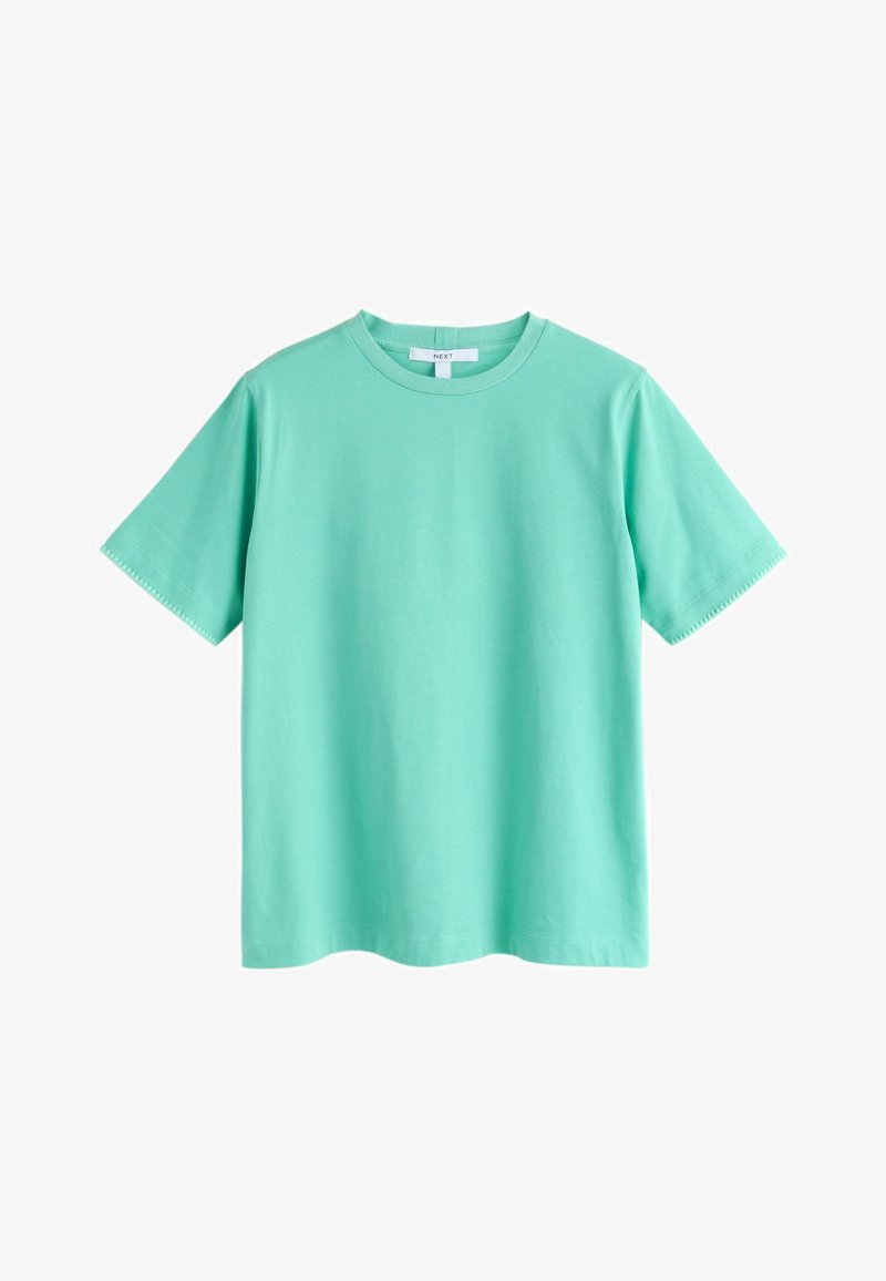 T-shirt vert menthe à manches courtes et col rond, en tissu de coton lisse, présenté à plat sur un fond blanc.