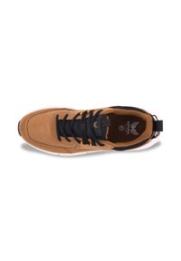 Brown suede sneaker with black mesh accents and laces, featuring a white sole and orange detailing on the lace area. Textured upper.