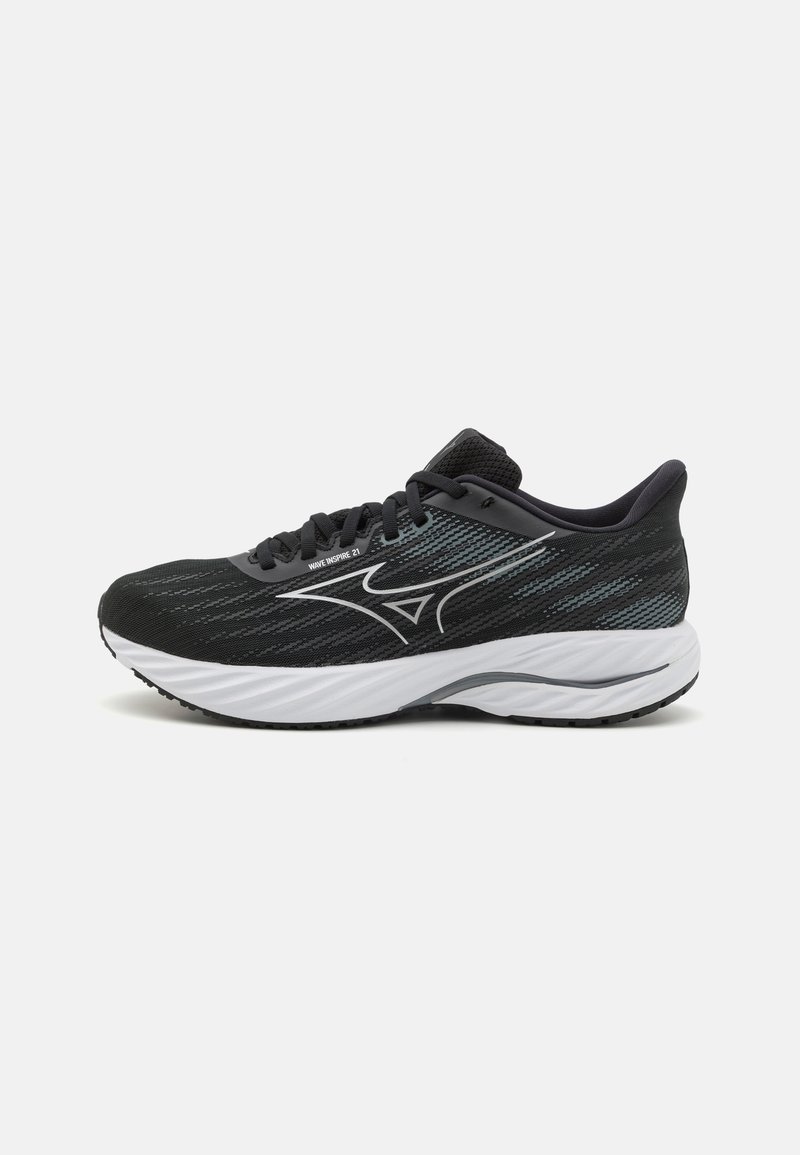Running shoes with a lightweight black mesh upper, white midsole, black outsole, reflective accents, and a cushioned, contoured design.