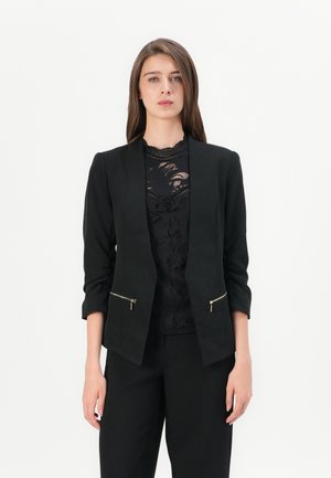 Blazer nero con taglio su misura, maniche lunghe e tasche con zip. Indossato sopra un top in pizzo nero. Texture liscia, design formale.