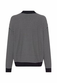 Gestreifter Pullover in Schwarz und Weiß, mit Rundhalsausschnitt, langen Ärmeln, gerippten Bündchen und lässiger Passform. Strukturiertes Strickmaterial.