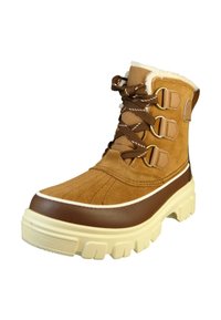 Stivale alla caviglia in suede marrone con fodera in pelliccia, tre ganci metallici come dettaglio e una suola in gomma crema spessa. Cuciture dettagliate lungo la parte frontale.