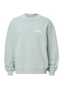 Sudadera verde menta con cuello redondo, puños y dobladillo acanalados. Presenta un logo blanco impreso en la parte frontal. Material de algodón suave.