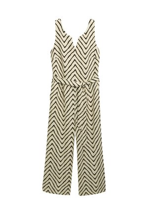 Kombinezon bez rękawów w kolorze kremowym z czarnym wzorem w zygzaki; posiada głęboki dekolt w kształcie litery V, przewiązany w talii i szerokie nogawki. Lekki materiał.