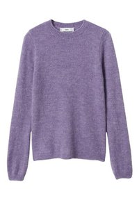 Pull à manches longues violet en tricot doux, avec un col rond, une coupe décontractée et des poignets côtelés pour une texture supplémentaire.