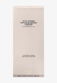 Limpiador Babor Hy-Öl y potenciador Phyto Hy-Öl en una caja mate de color beige claro con texto oscuro. Incluye detalles del producto y información sobre el volumen.
