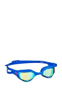 Swimming goggles with a blue rubber frame, mirrored lenses in shades of green and blue, and adjustable strap for a secure fit.