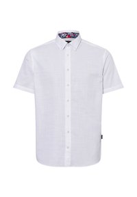 Weißes Kurzarmhemd mit Knöpfen aus strukturiertem Stoff. Kontrastierender, blumenmusternder Akzent im inneren Kragen. Standardkragen und Vorderseite mit Knopfleiste.