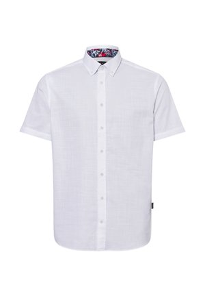 Weißes Kurzarmhemd mit Knöpfen aus strukturiertem Stoff. Kontrastierender, blumenmusternder Akzent im inneren Kragen. Standardkragen und Vorderseite mit Knopfleiste.