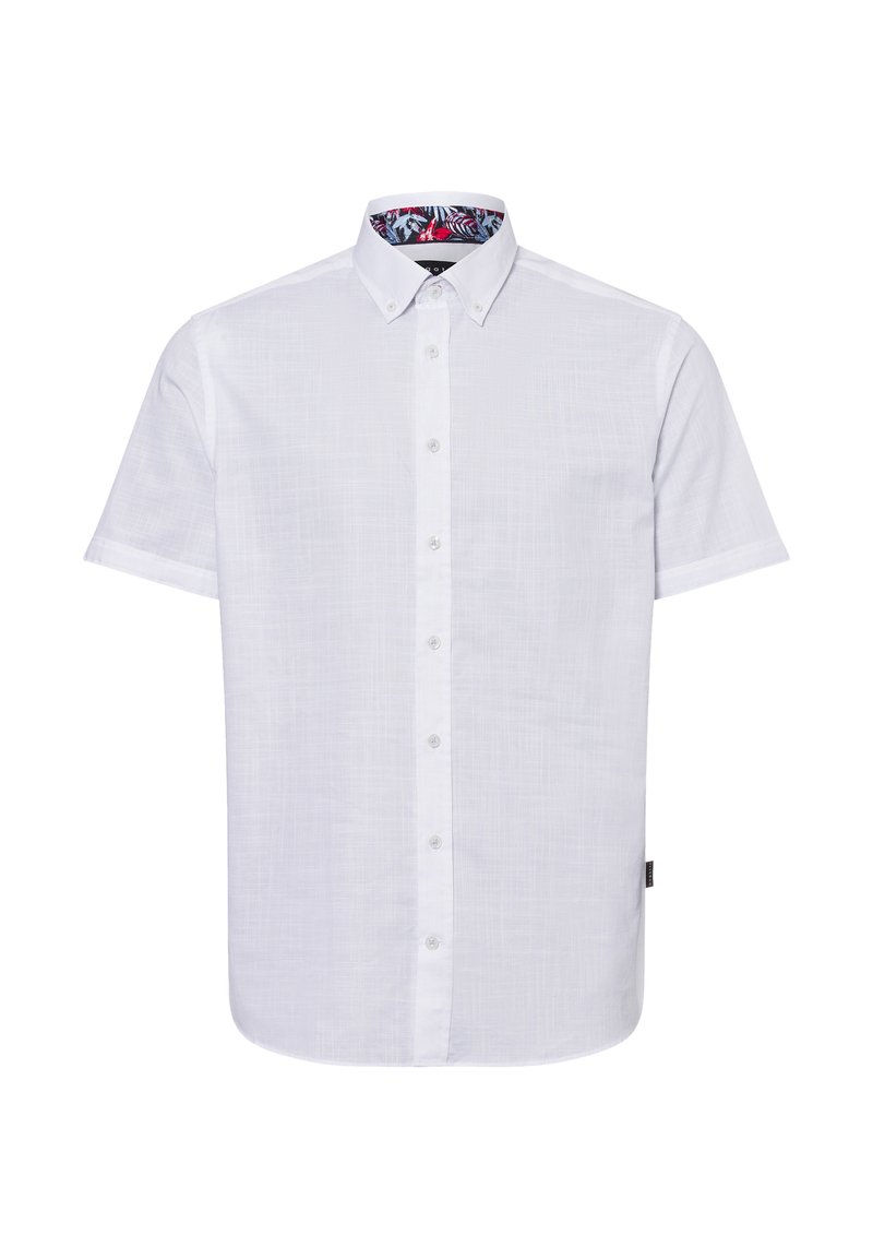 Weißes Kurzarmhemd mit Knöpfen aus strukturiertem Stoff. Kontrastierender, blumenmusternder Akzent im inneren Kragen. Standardkragen und Vorderseite mit Knopfleiste.
