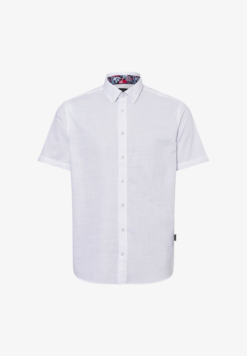 Weißes Kurzarmhemd mit Knöpfen aus strukturiertem Stoff. Kontrastierender, blumenmusternder Akzent im inneren Kragen. Standardkragen und Vorderseite mit Knopfleiste.