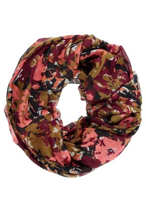 Lichtgewicht infinity sjaal met abstract bloemenpatroon in bordeauxrood, roze, mosterdgeel, zwart en wit.