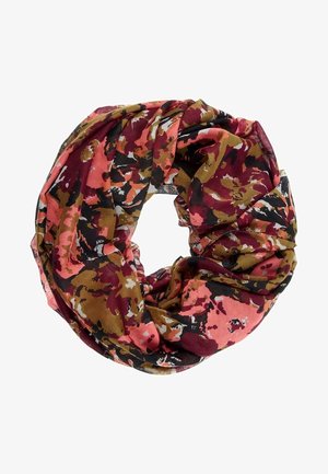 Foulard léger infini avec un motif floral abstrait en couleurs bordeaux, rose, moutarde, noir et blanc.