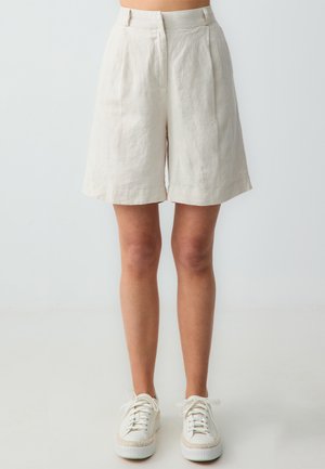 Linnen bermuda shorts in off-white met plooien en een gestructureerde tailleband, met een relaxte pasvorm en zijzakken.