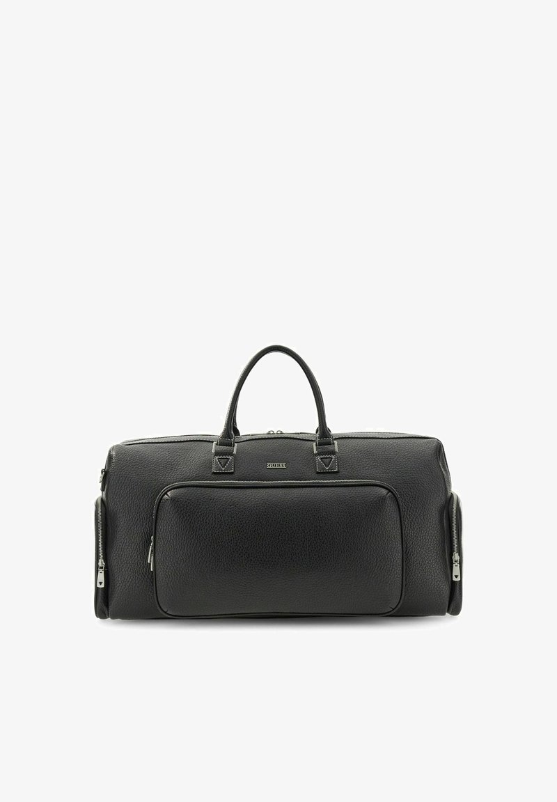 Borsa da viaggio in pelle nera lavorata con manici superiori, tasca frontale con cerniera e scomparti laterali con cerniera, logo del marchio sulla parte anteriore.