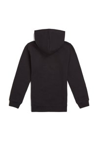 Svart hoodie med långa ärmar, dragsko i huvan och ribbad mudd. Tillverkad av mjukt tyg med en slät yta, inga synliga mönster.