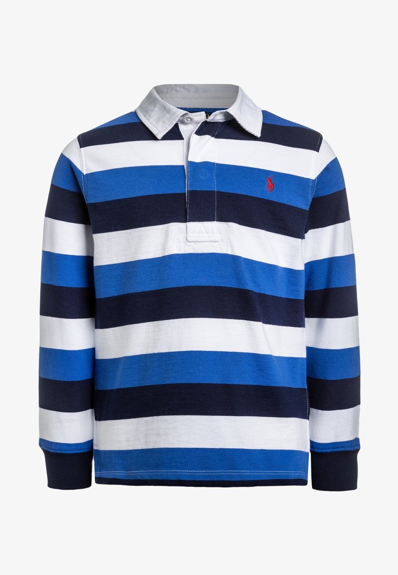 Långärmad polotröja i blått, vitt och marinblå ränder. Har en krage, treknappsknäppning och en liten röd logotyp på bröstet.