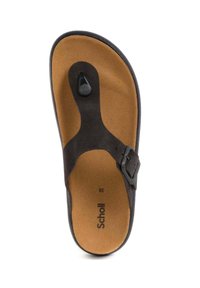 Svart sandal med en bred rem, justerbar spänne och en brun vadderad innersula. Har en tåpost för fotstöd. Storlek 36.