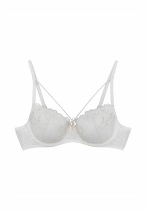 White lace bra with underwire, featuring intricate floral patterns, adjustable straps, and a gold-tone accent at the center.