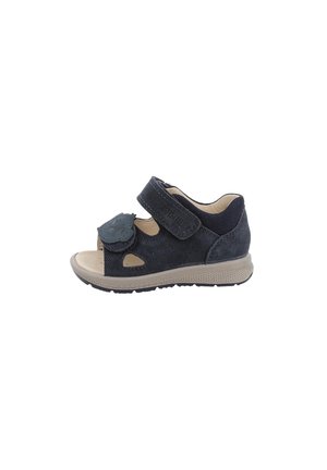 Sandalo per bambini blu navy con punta aperta, due cinturini regolabili in velcro e suola beige imbottita.
