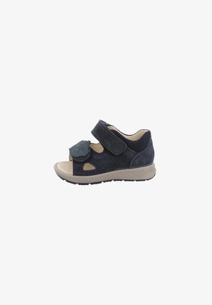 Sandalo per bambini blu navy con punta aperta, due cinturini regolabili in velcro e suola beige imbottita.