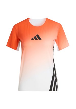 Sportovní tričko s krátkým rukávem s přechodem z oranžové do bílé barvy, s černým logem a třemi černými pruhy podél jedné strany. Texturovaná látka.