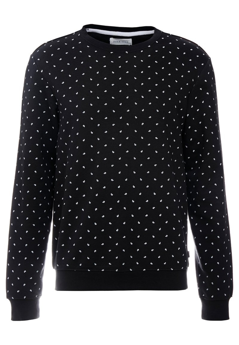 Svart hoodie med vitt droppmönster, rund halsringning, långa ärmar samt ribbad mudd och nederdel. Mjukt bomullsmaterial.