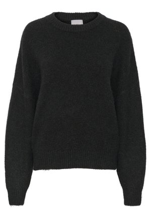 Zwarte, oversized trui met een ronde halslijn, lange mouwen en geribde manchetten en onderrand. Gemaakt van een pluizige, textuurstof.